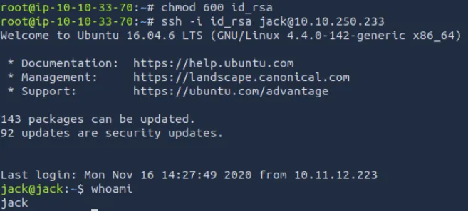 使用 jack 账户登录服务器的终端输出