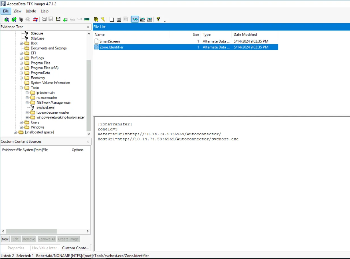 FTK Imager中定位伪造svchost.exe的界面