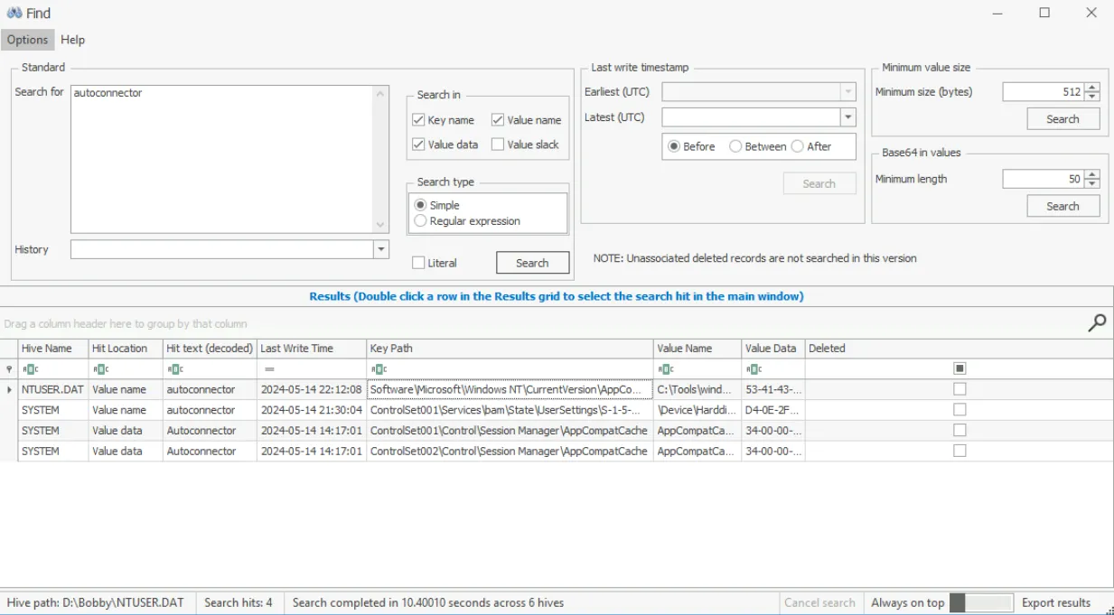 FTK Imager中搜索AutoConnector相关注册表项的截图