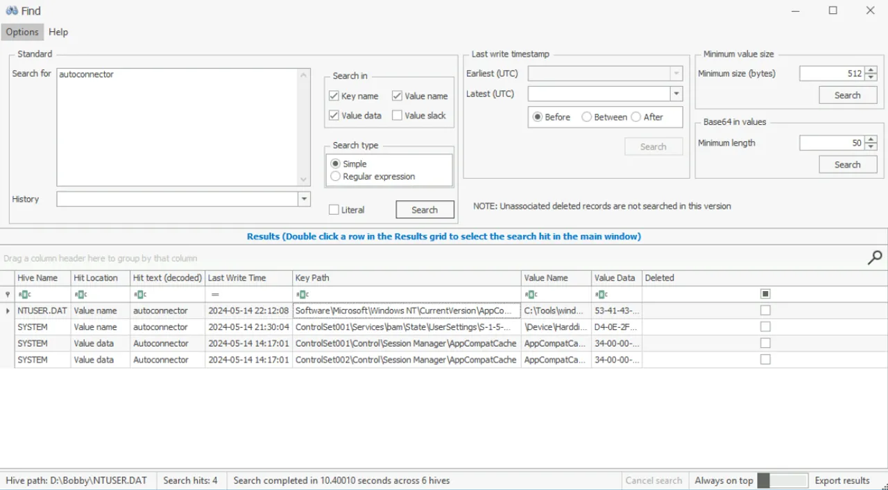 FTK Imager中搜索AutoConnector相关注册表项的截图