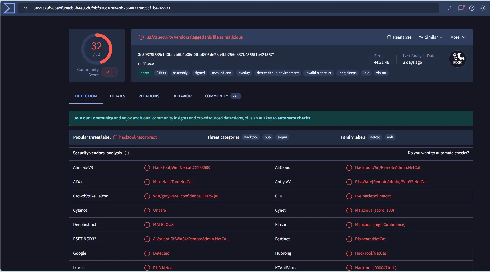 VirusTotal中查询伪造svchost SHA1的结果