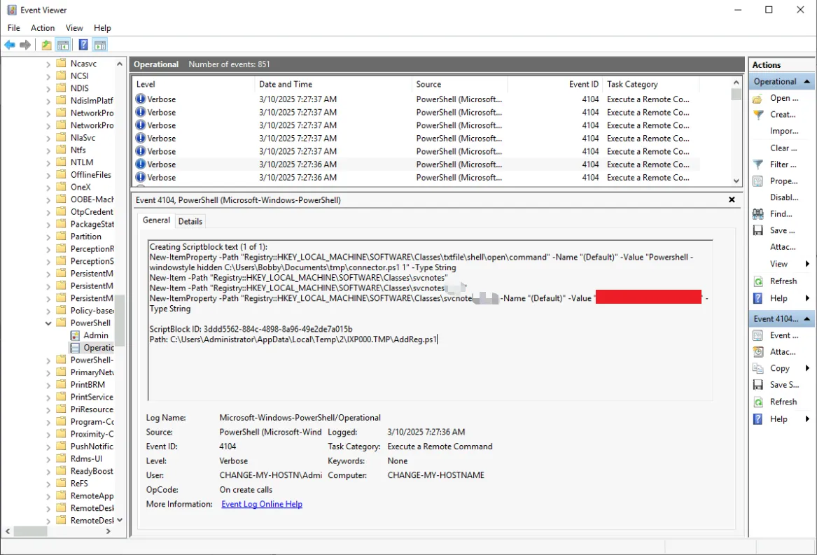 EventViewer中查看脚本执行日志的截图